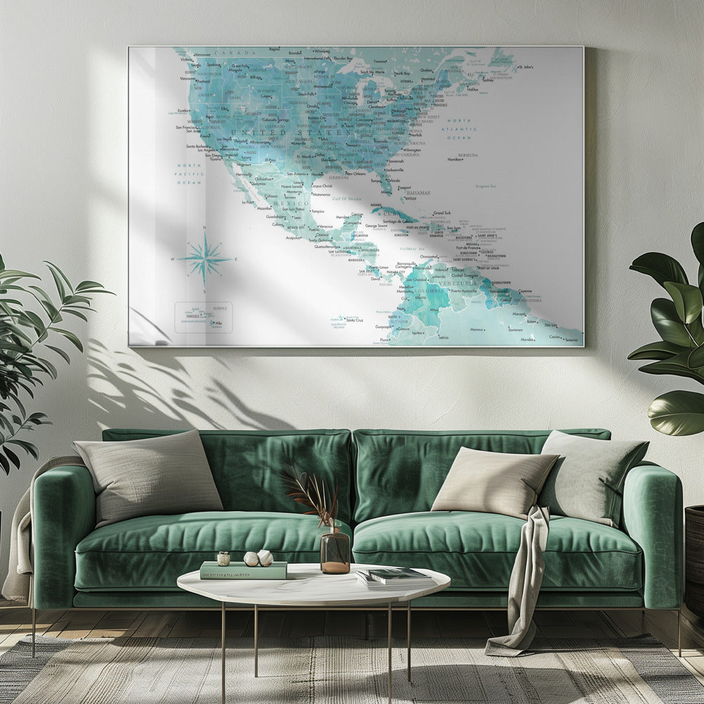 Aquamarine map of USA and Mexico - Poster / Art Print