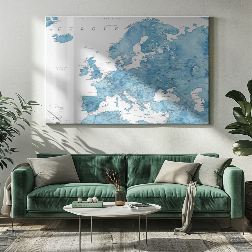Blue detaljerade Europakarta - Poster / Art Print