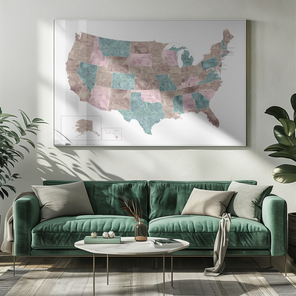 Pink and teal watercolor map of the US - Poster / Art Print