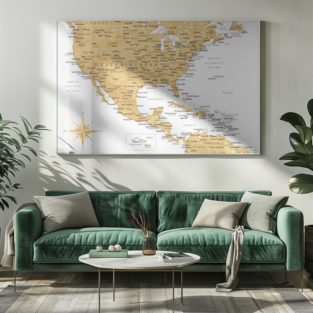 Gyllene karta av USA och Mexico - Poster / Art Print