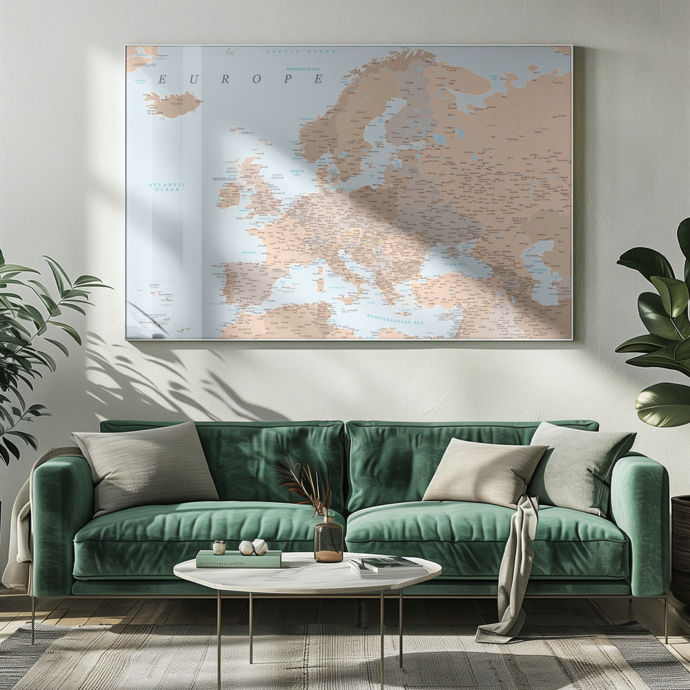 Neutral detaljerad karta av Europa - Poster / Art Print