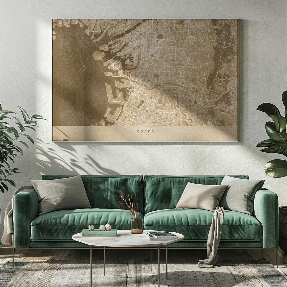 Sepia karta av Osaka - Poster / Art Print