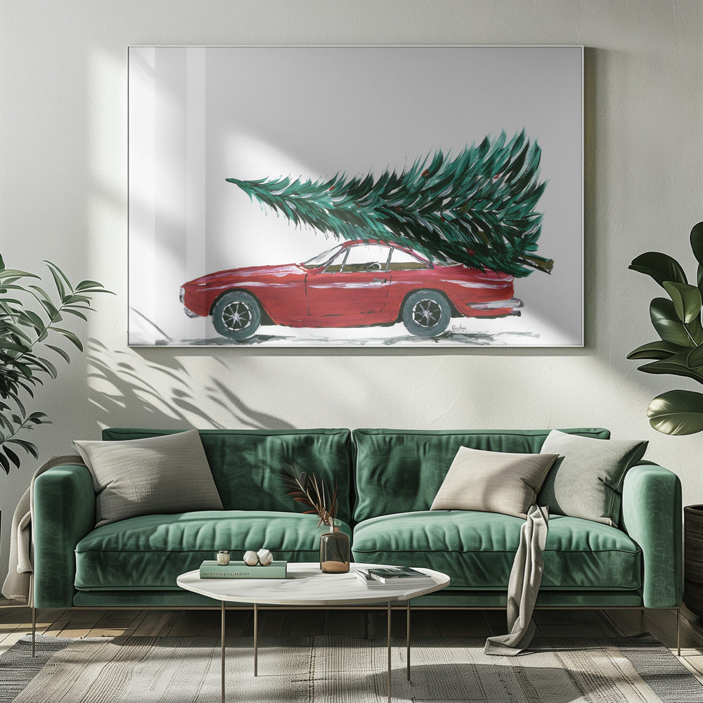 Eighties car carrying a Christmas tree - Poster / Art Print