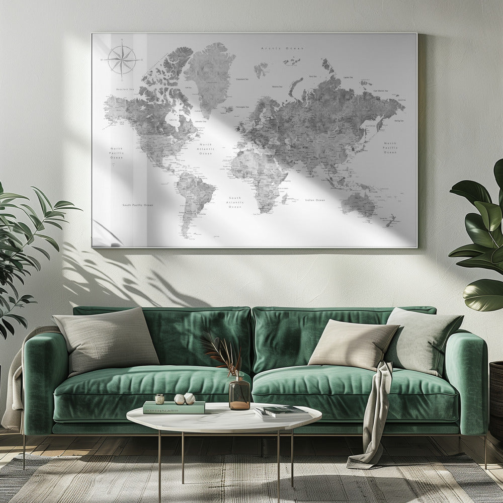 Världskarta i gråskala vattenfärg - Poster / Art Print