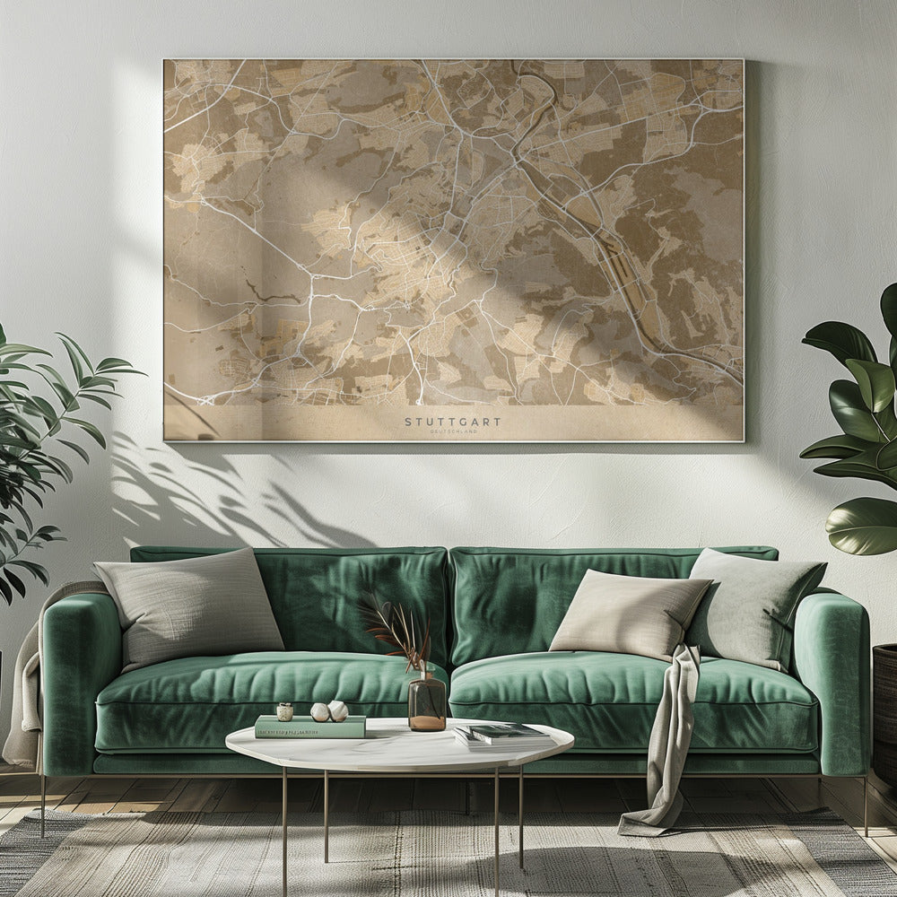 Sepia vintage karta av Stuttgart innerstad i Tyskland - Poster / Art Print