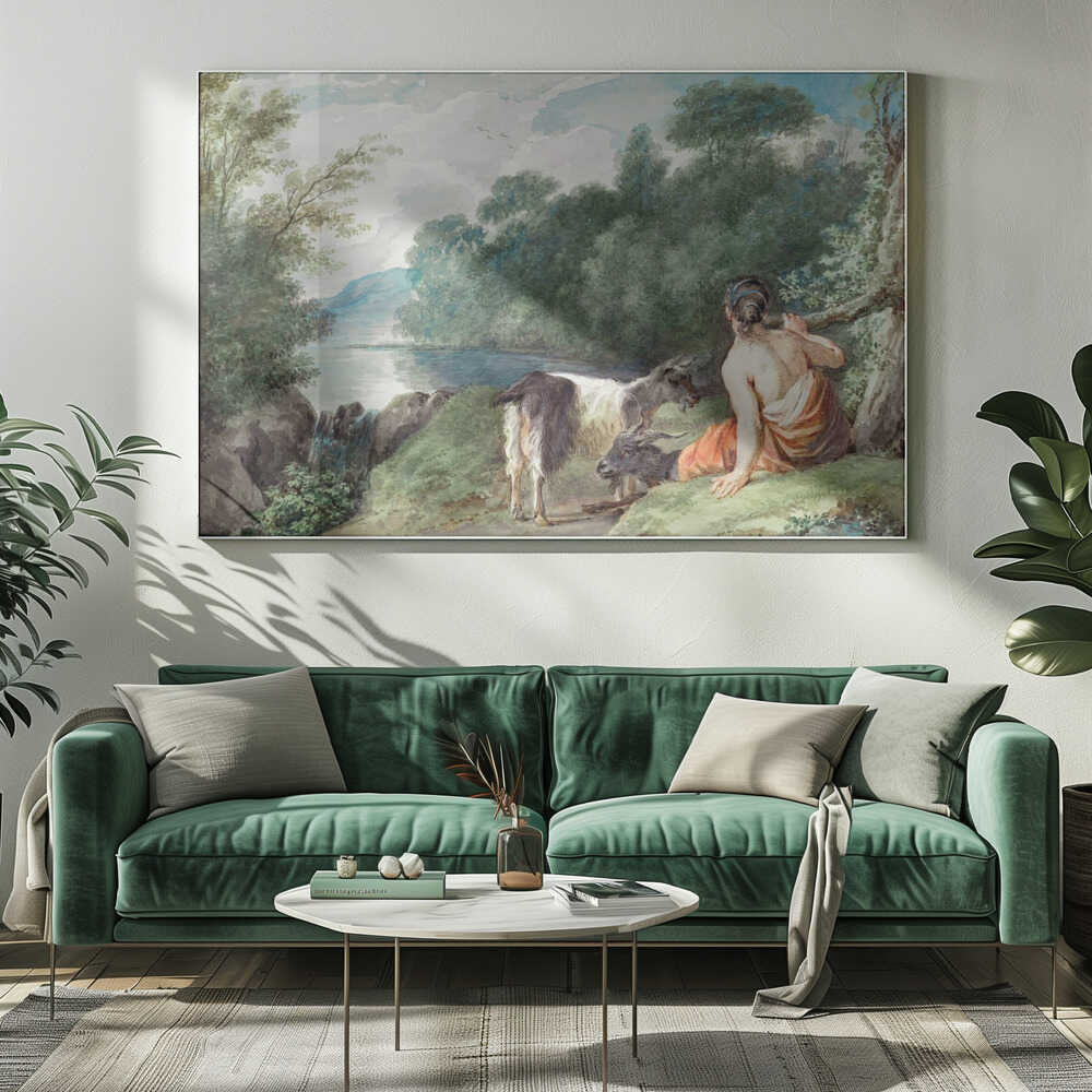 Shepherdess With Goats In a Landscape With a Lake - Poster / Art Print
