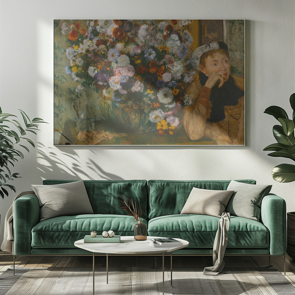 A Woman Seated Beside a Vase of Flowers - Poster / Art Print