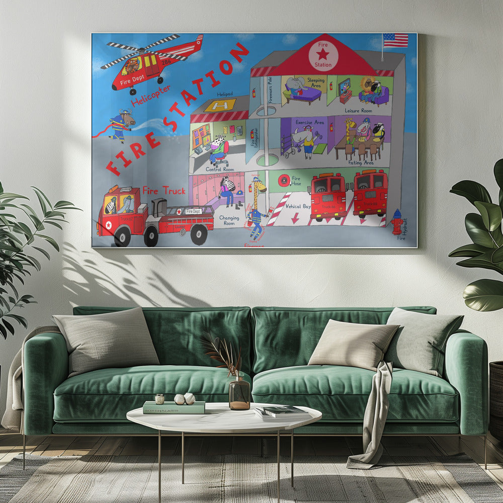 Firemen and the Fire Station by Artist Carla Daly - Poster / Art Print