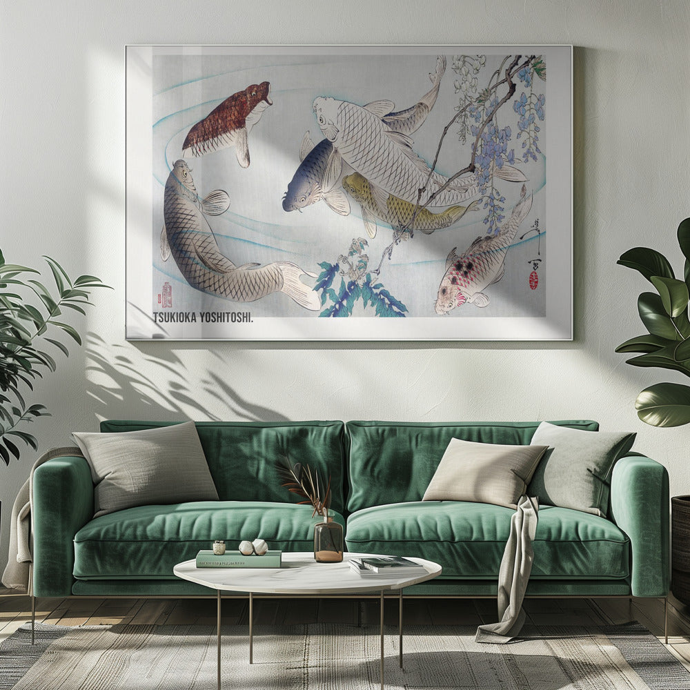 Six Carp Swimming Beneath Wisteria (1889) - Poster / Art Print