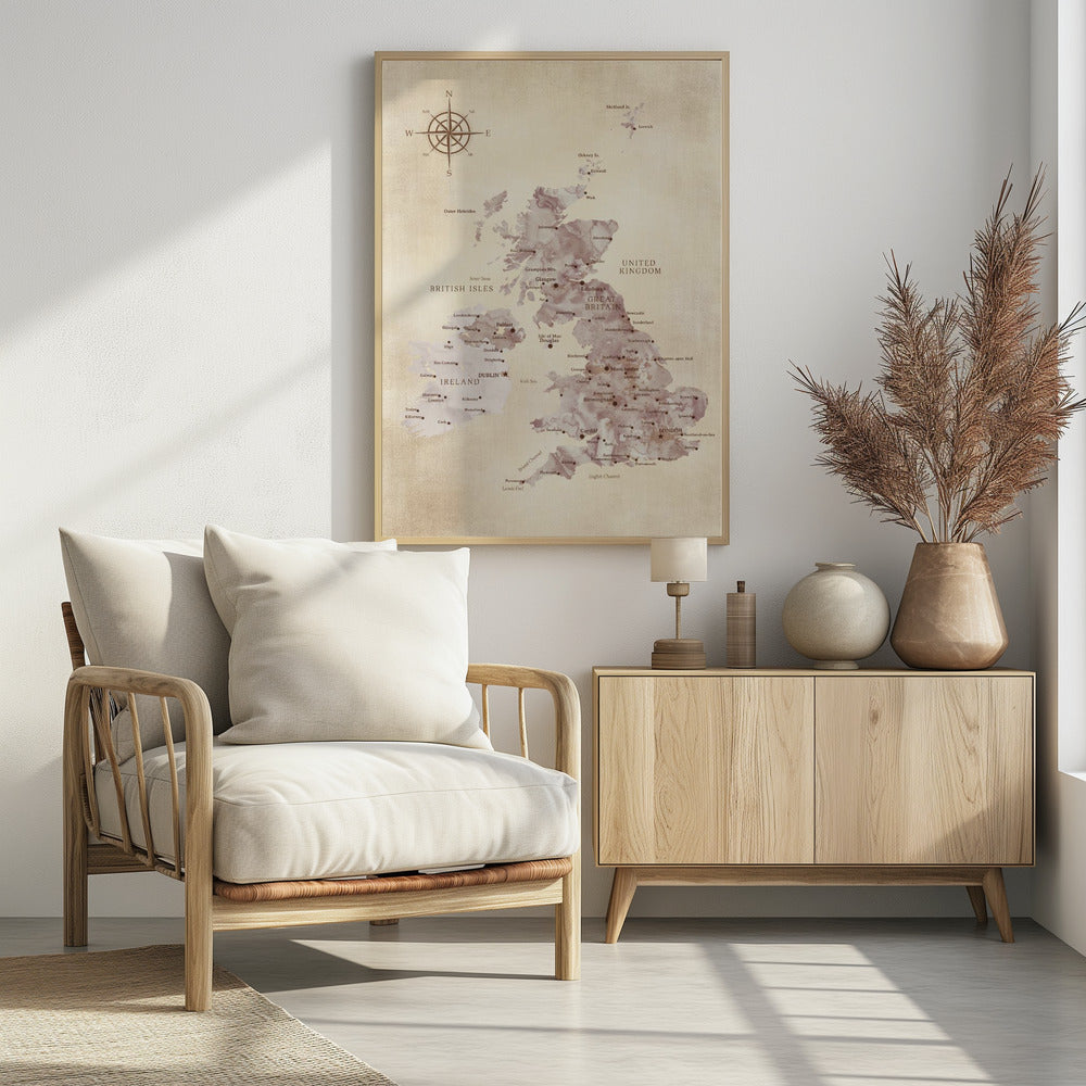 Sepia karta av Storbritannien - Poster / Art Print
