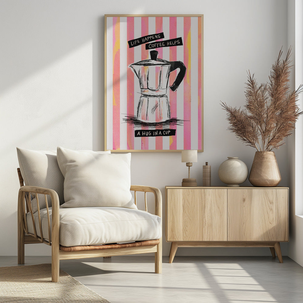 Mocca Coffee on Stripes - Hug in a Cup - Poster / Art Print
