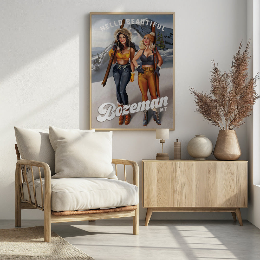Hello Beautiful Bozeman Montana Ski Pinup Girls - Poster / Art Print