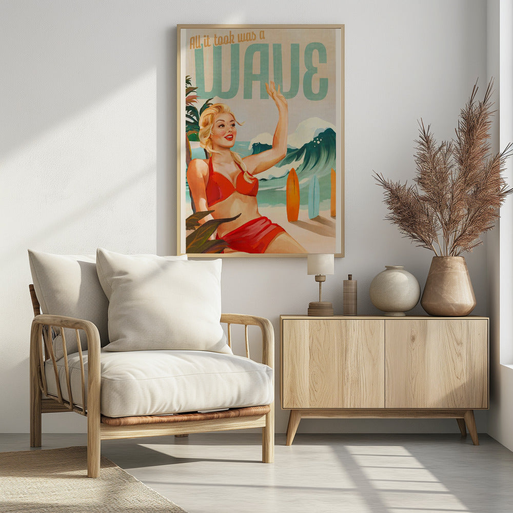 Surfing Pinup Girl On Beach In Bikini - Poster / Art Print