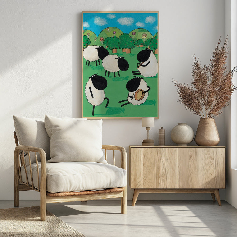 Funny Sheep Dancing in a Green Field by Artist Carla Daly - Poster / Art Print