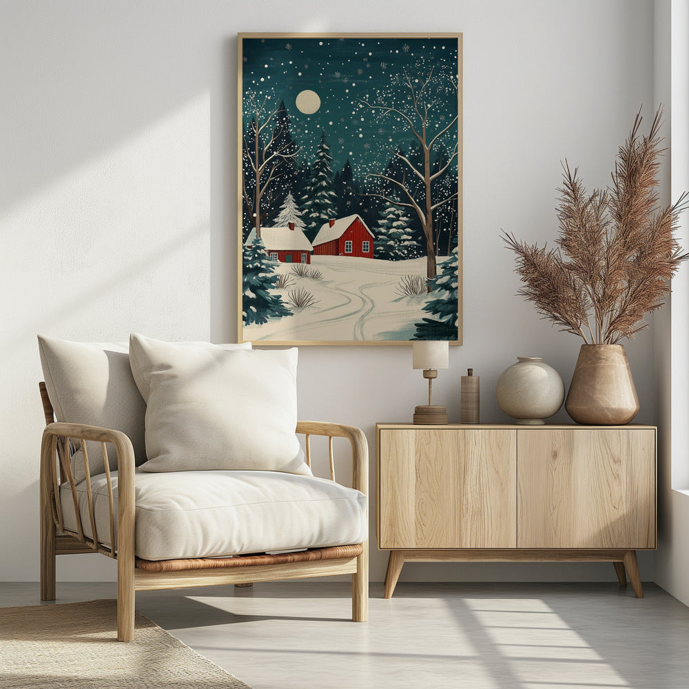 Red Houses and Snowy night sky - Poster / Art Print