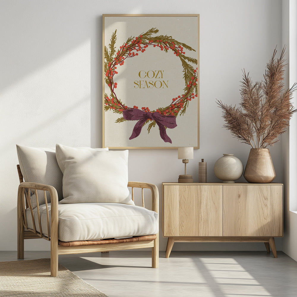 Cozy Season. Christmas wreath with bow - Poster / Art Print