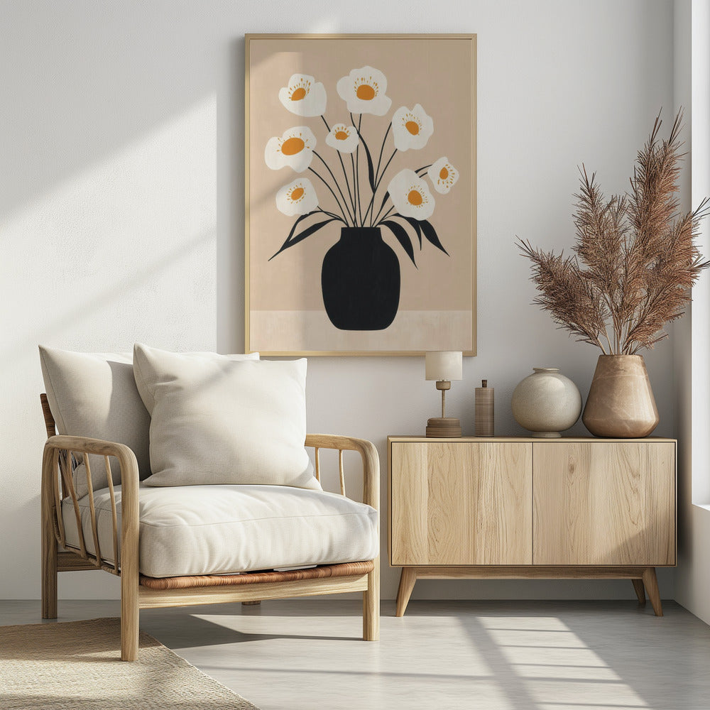 White Flowers in Black Vase - Poster / Art Print