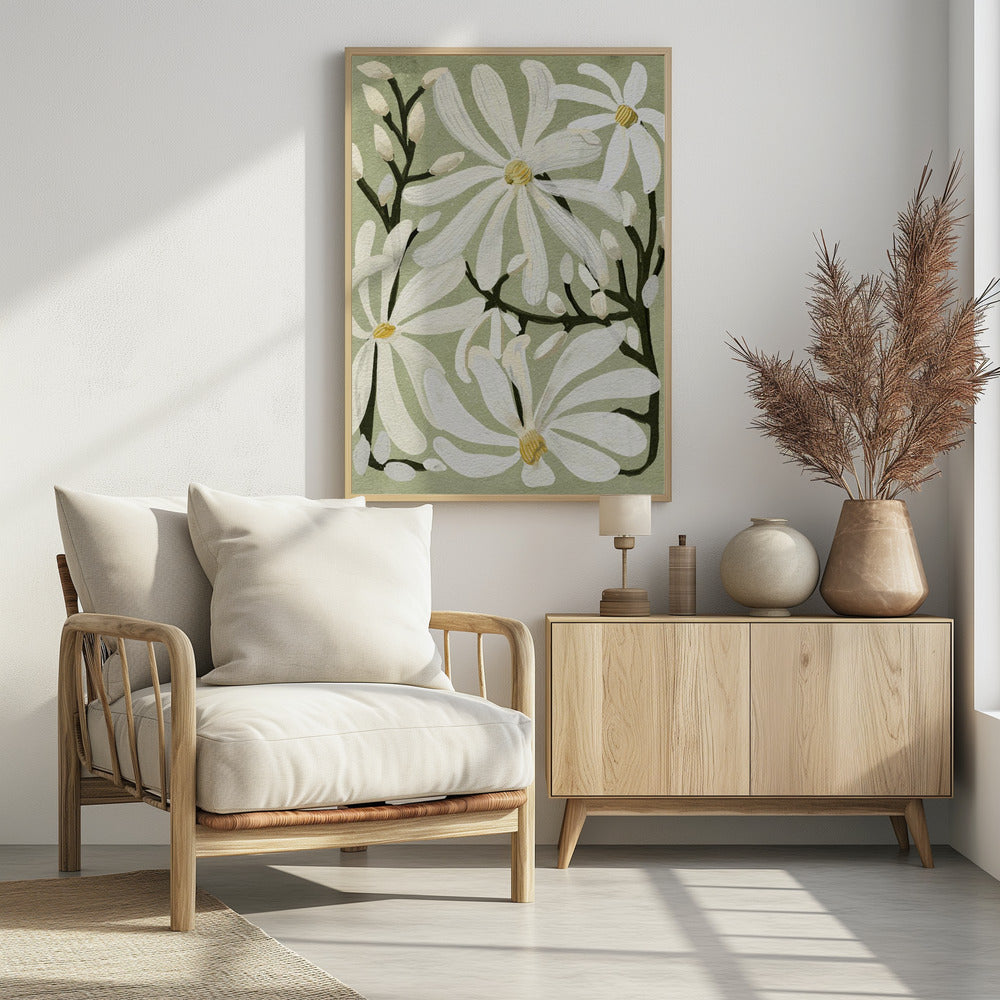 Star Magnolia Florals on Sage background - Poster / Art Print