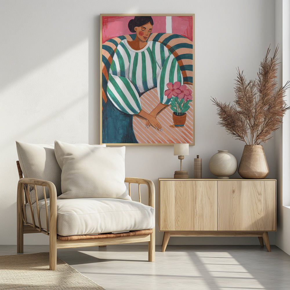 Woman in stripes in thought - Poster / Art Print