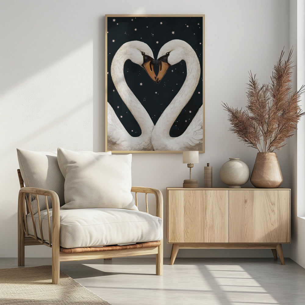 Twilight Swans Navy Sky - Poster / Art Print
