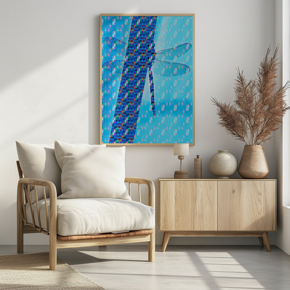 Dragonfly Silhouette with Vibrant Pixel Patterns - Poster / Art Print