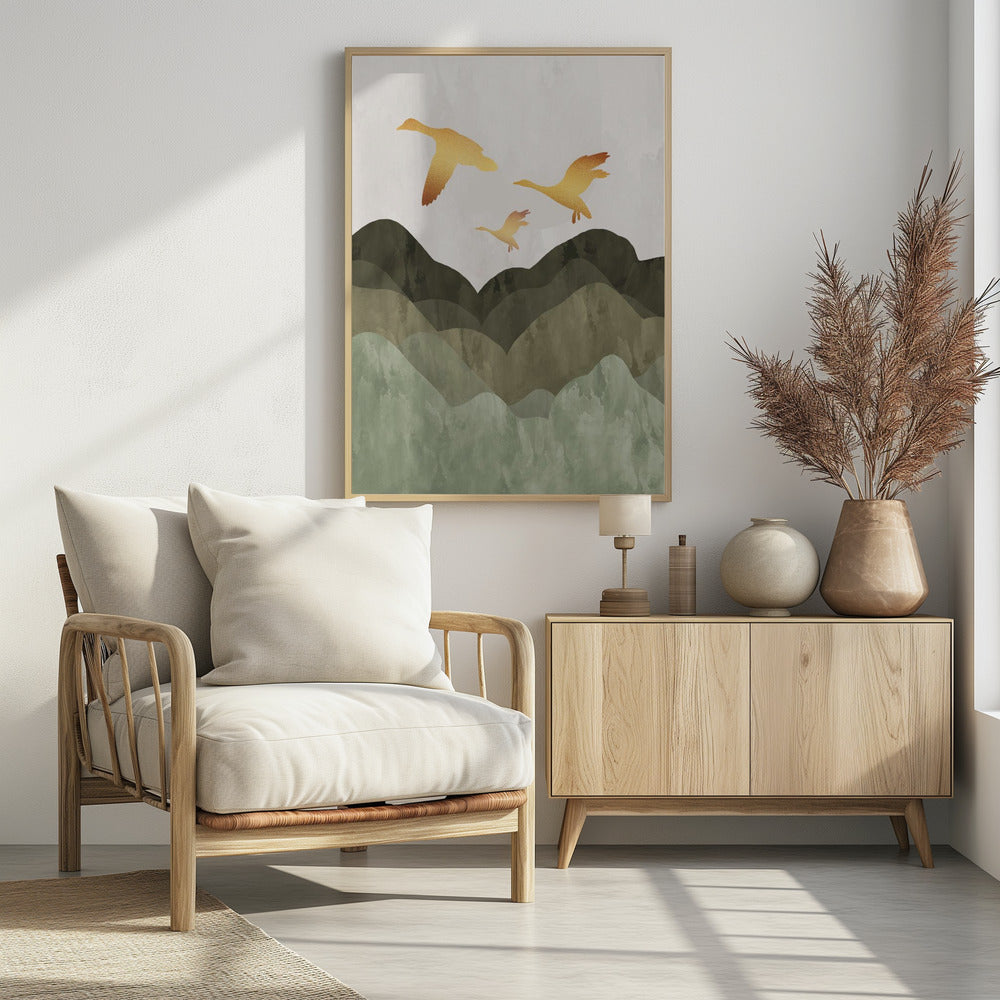 Golden Birds Flying Over Mountains - Poster / Art Print