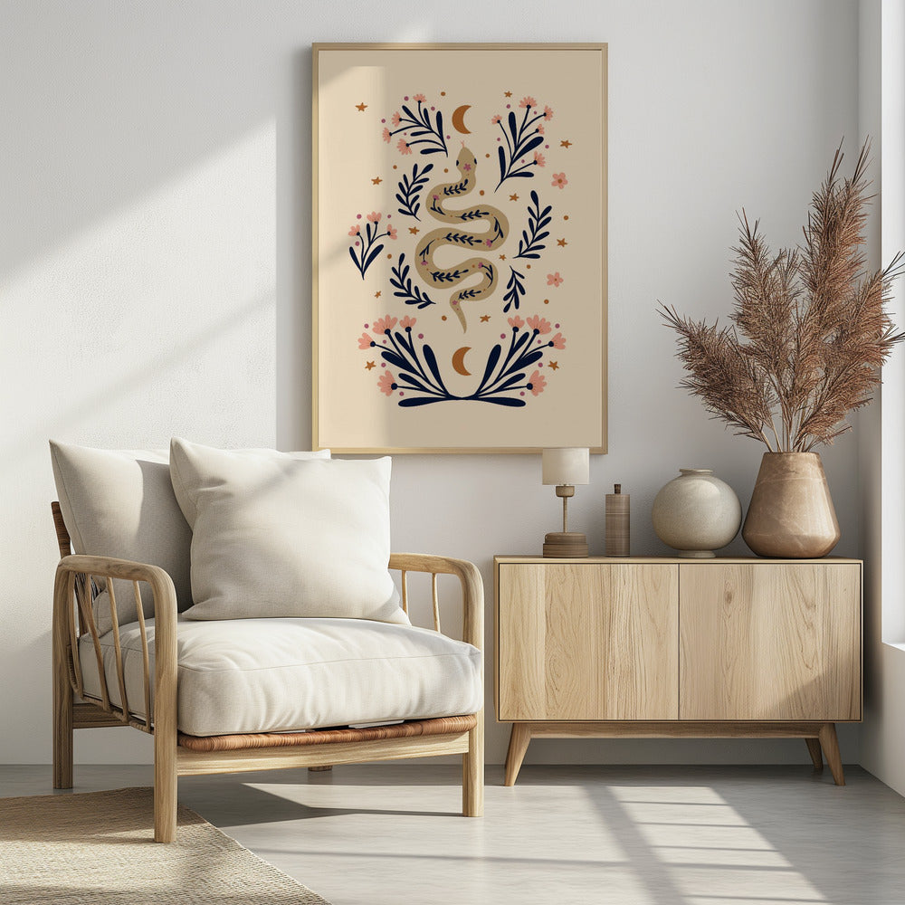 Snake And Flowers Beige And Indigo - Poster / Art Print