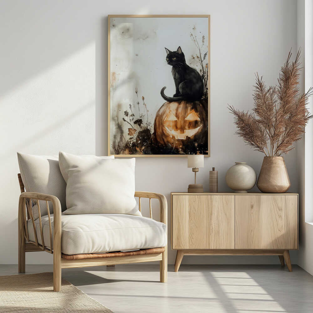 Black Cat and Pumpkin Halloween Scene (2) - Poster / Art Print
