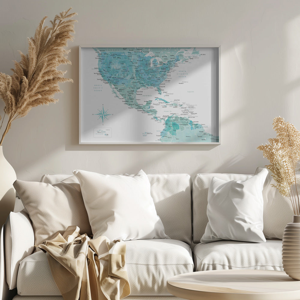 Aquamarine map of USA and Mexico - Poster / Art Print