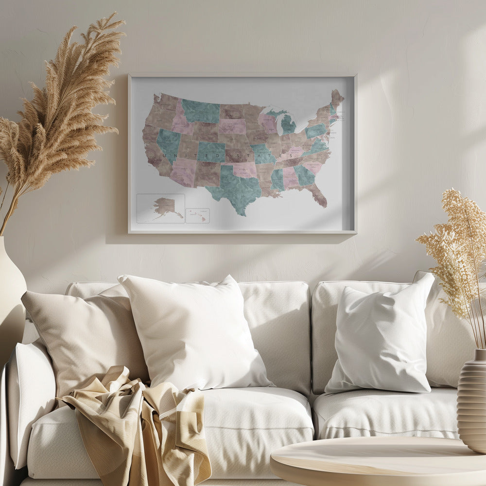 Pink and teal watercolor map of the US - Poster / Art Print