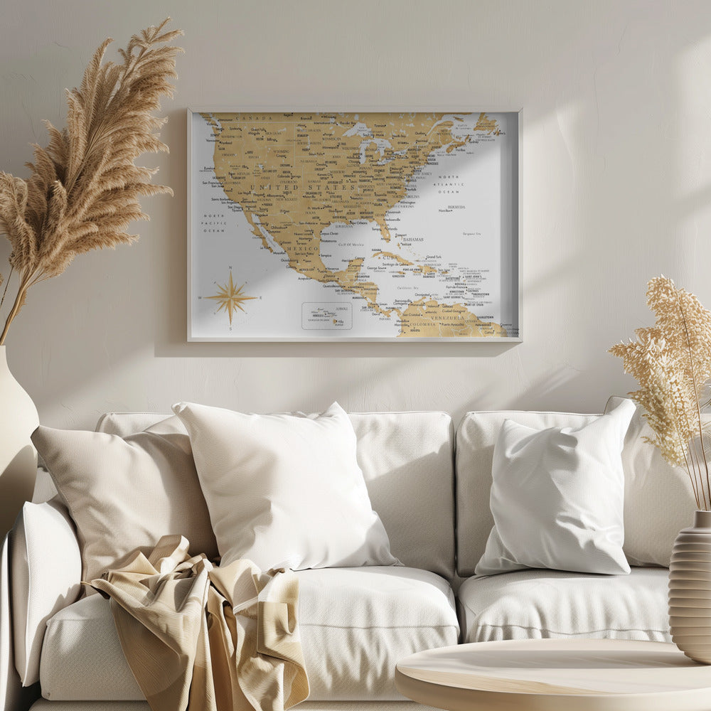 Gyllene karta av USA och Mexico - Poster / Art Print
