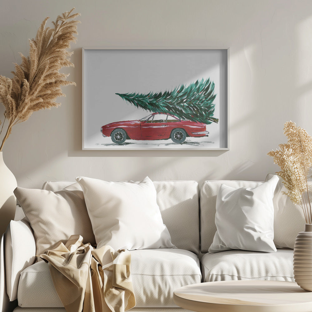 Eighties car carrying a Christmas tree - Poster / Art Print