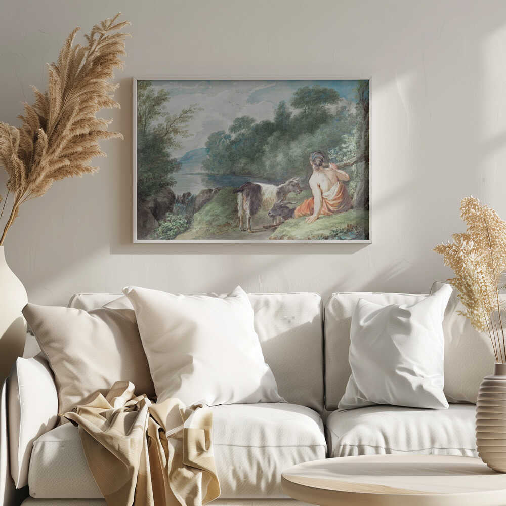 Shepherdess With Goats In a Landscape With a Lake - Poster / Art Print