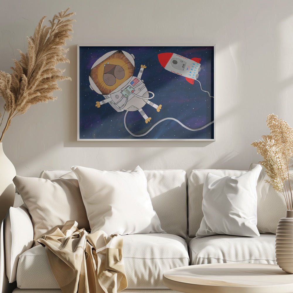 Funny Lion Astronaut is Swirling in Space by Artist Carla Daly - Poster / Art Print