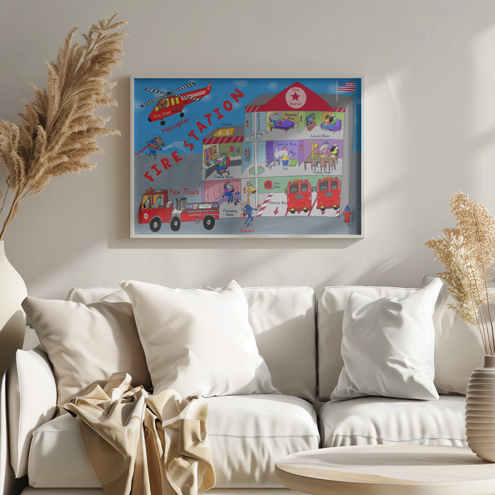 Firemen and the Fire Station by Artist Carla Daly - Poster / Art Print