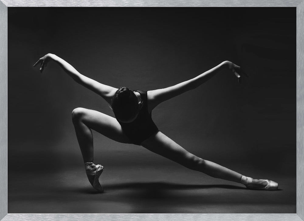 soaring. A ballerina in pointe shoes in a lunge with her arms outstretched like wings - Poster / Art Print