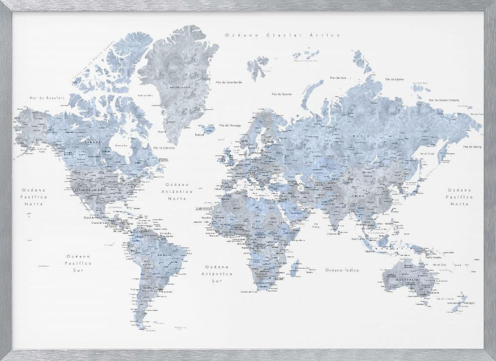 Blue världskarta på Spanska - Poster / Art Print