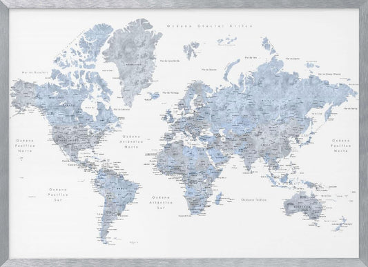 Blue världskarta på Spanska - Poster / Art Print