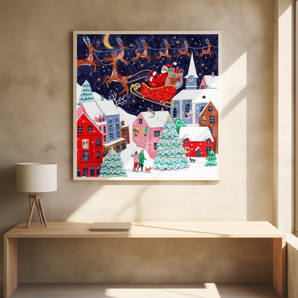 Santa and his Reindeers - Poster / Art Print