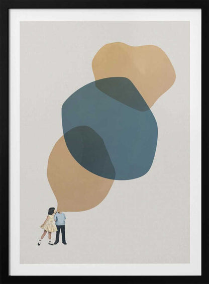 Abstract art with a vintage collage of a kissing couple below large, overlapping blue and beige shapes.