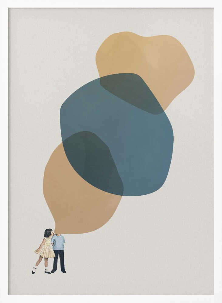 Abstract art with a vintage collage of a kissing couple below large, overlapping blue and beige shapes.