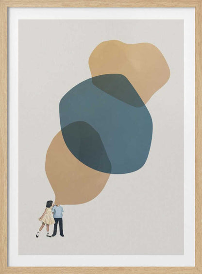 Abstract art with a vintage collage of a kissing couple below large, overlapping blue and beige shapes.