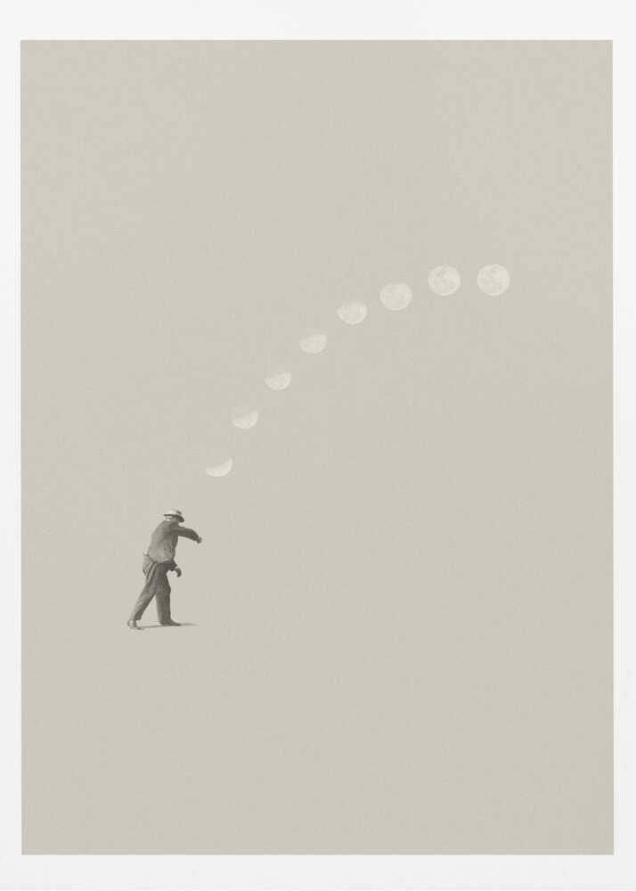 A man tosses the phases of the moon into the sky in a surreal, minimalist art piece.