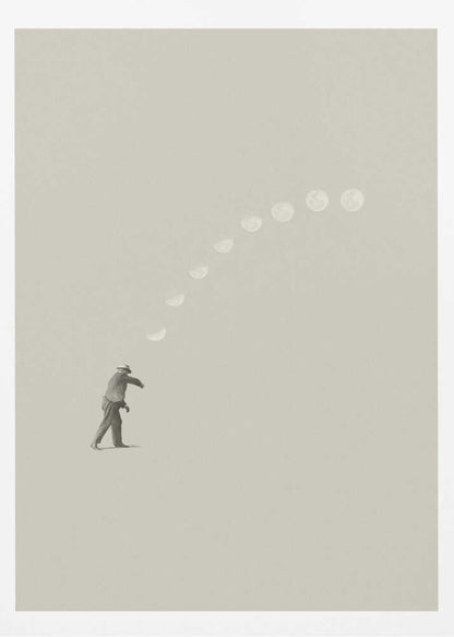 A man tosses the phases of the moon into the sky in a surreal, minimalist art piece.