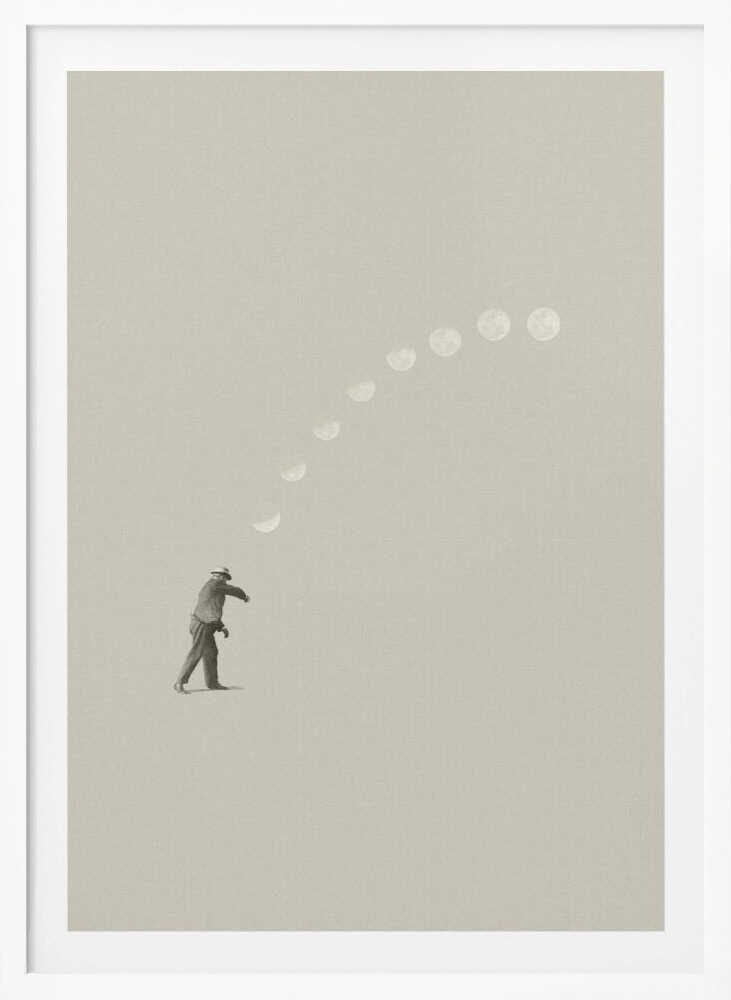 A man tosses the phases of the moon into the sky in a surreal, minimalist art piece.