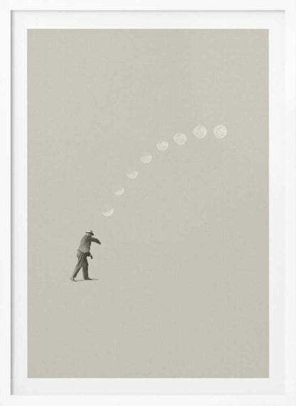 A man tosses the phases of the moon into the sky in a surreal, minimalist art piece.