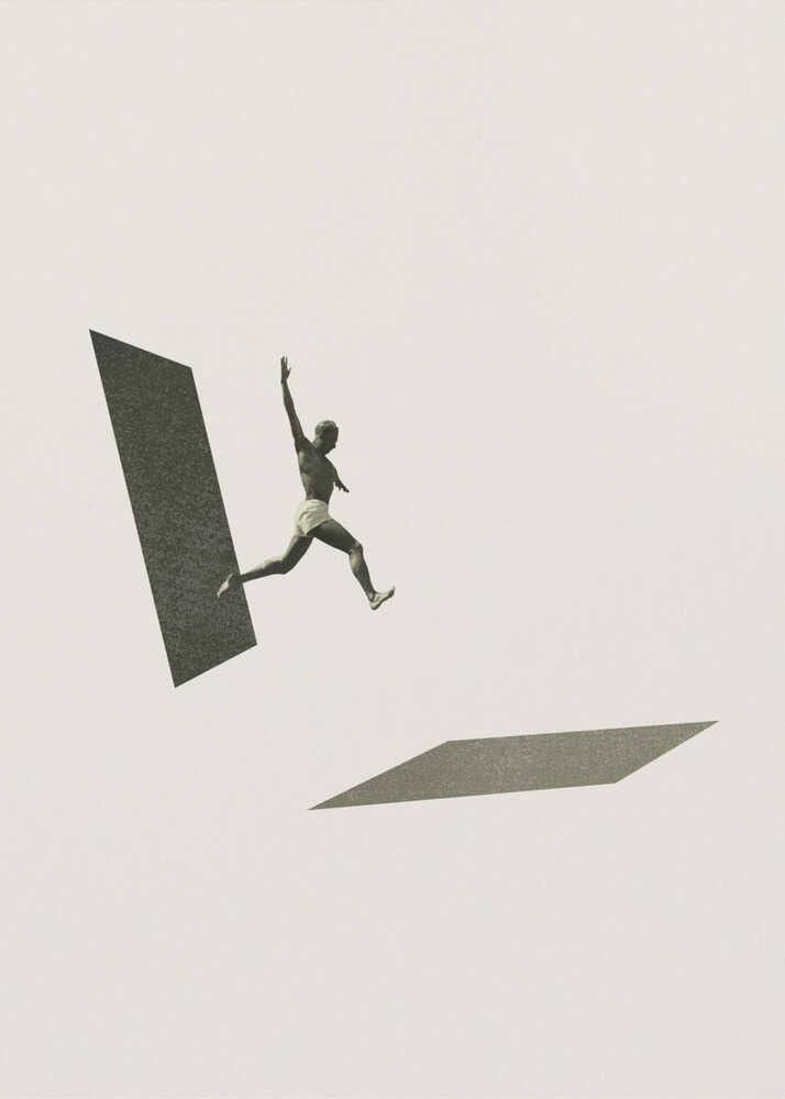 Vintage black and white collage of a person leaping between two geometric shapes.