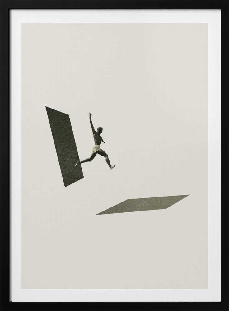 Vintage black and white collage of a person leaping between two geometric shapes.