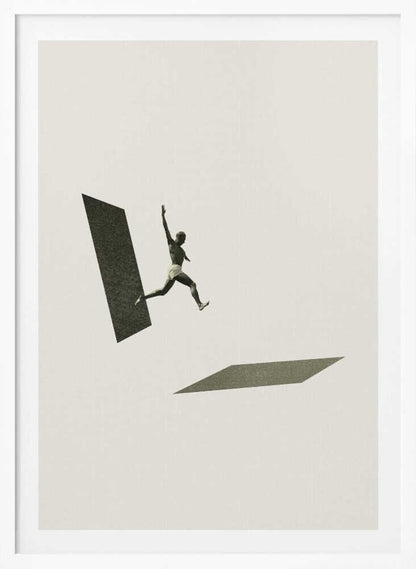 Vintage black and white collage of a person leaping between two geometric shapes.