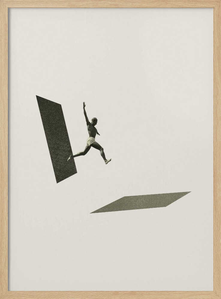 Vintage black and white collage of a person leaping between two geometric shapes.